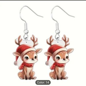 Christmas Cartoon Earrings - Acrylic Dangles with Reindeer with Santa Hat - NWOT